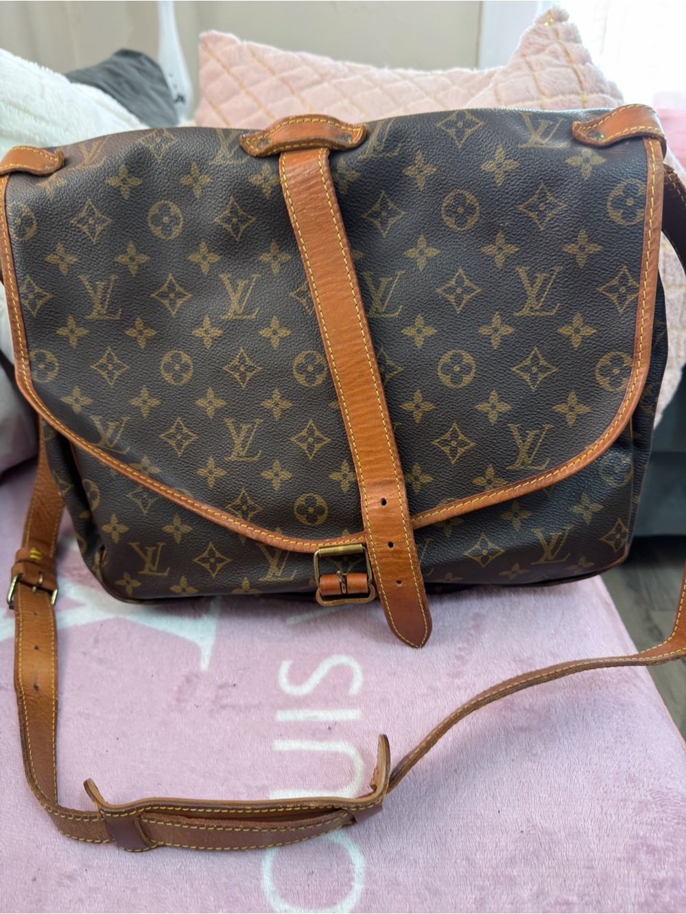 Louis Vuitton Monogram Canvas Messenger Bag with Tan Trim